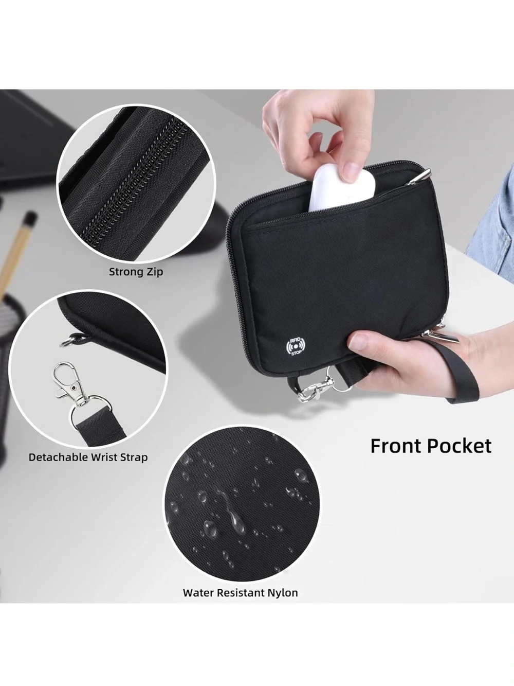 Black RFID-Blocking Wristlet Wallet with Detachable Strap